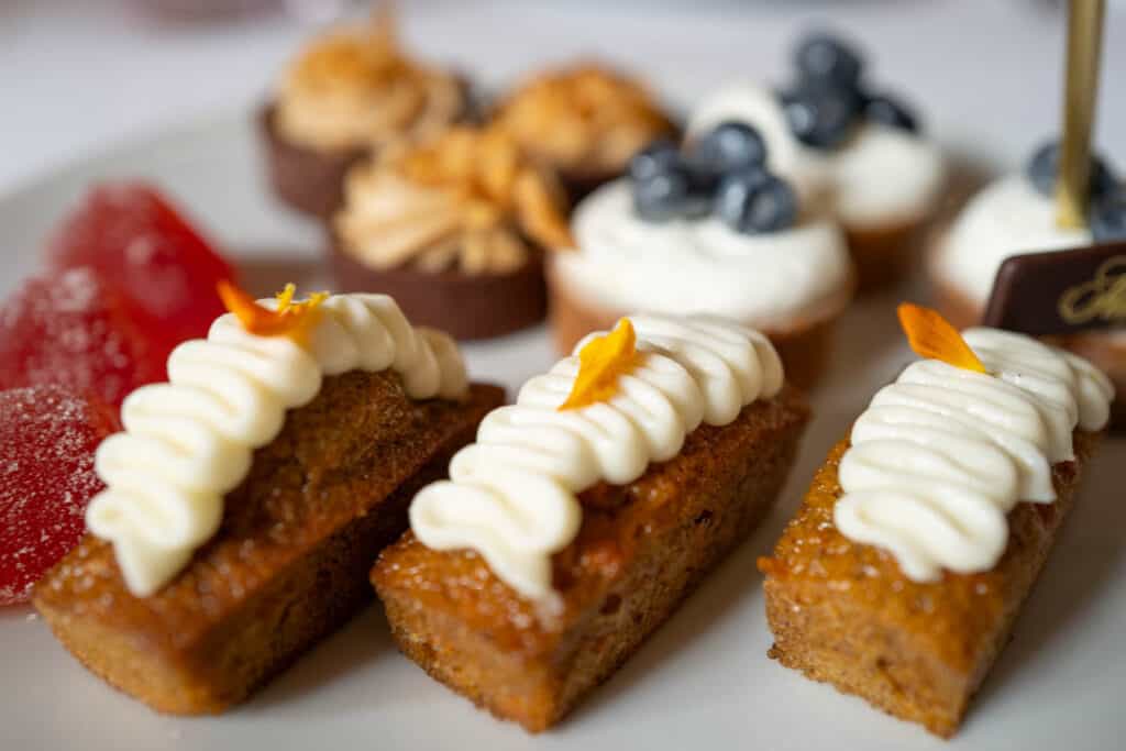 Mini carrot cake dessert at high tea at the French Room inside the Adolphus Hotel in Dallas