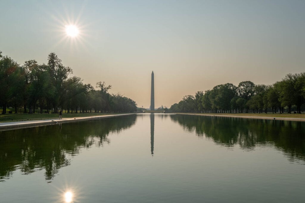 Photo of the National Mall and Washington Monument at sunrise